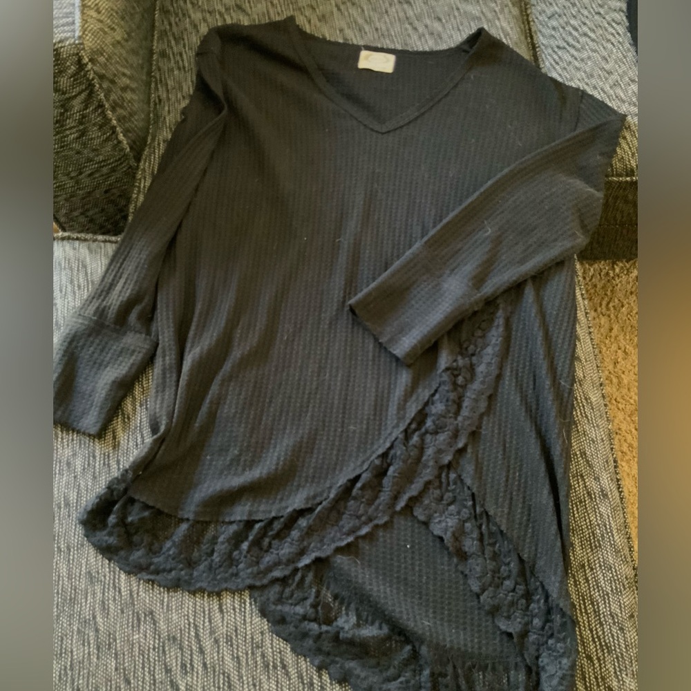 Black V-Neck Top with Lace Trim from Joyfolie